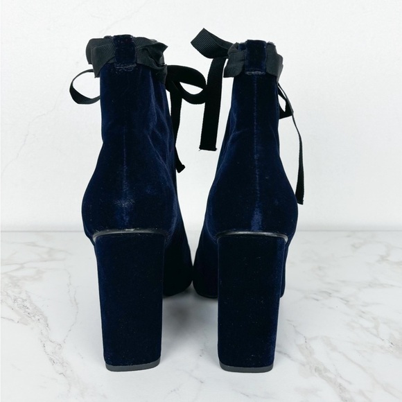 Zara Trafaluc Navy Blue Velvet Zip Up Ankle Tie Heeled Booties Sz 38 (7.5) - Picture 6 of 11